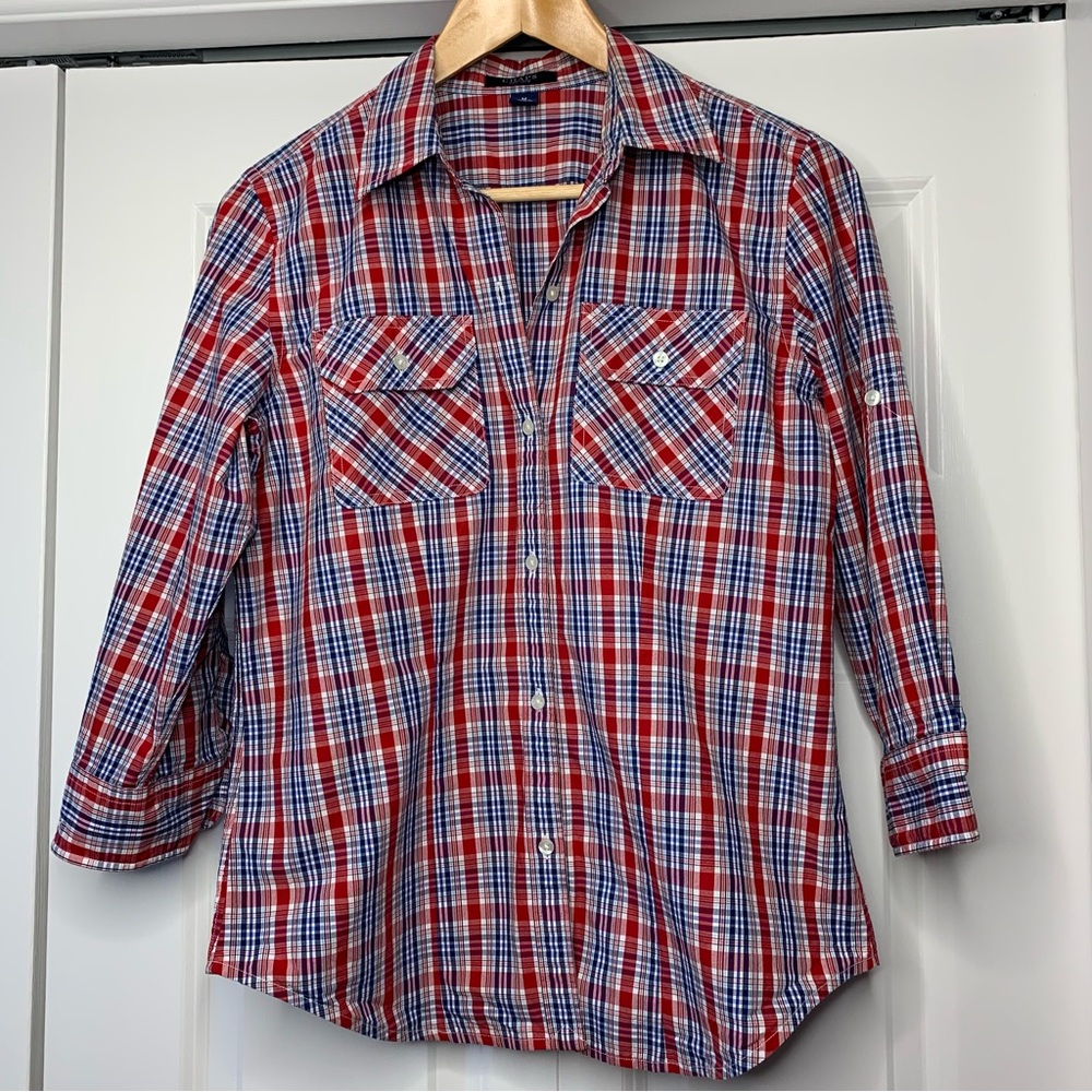 Chaps Red and Blue Plaid 100% cotton Button Down Shirt Women’s Size US M